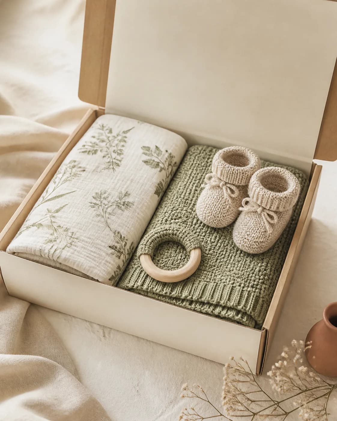 Coordinated newborn textile gift set with muslin, knitted blanket, knitwear and crochet pieces