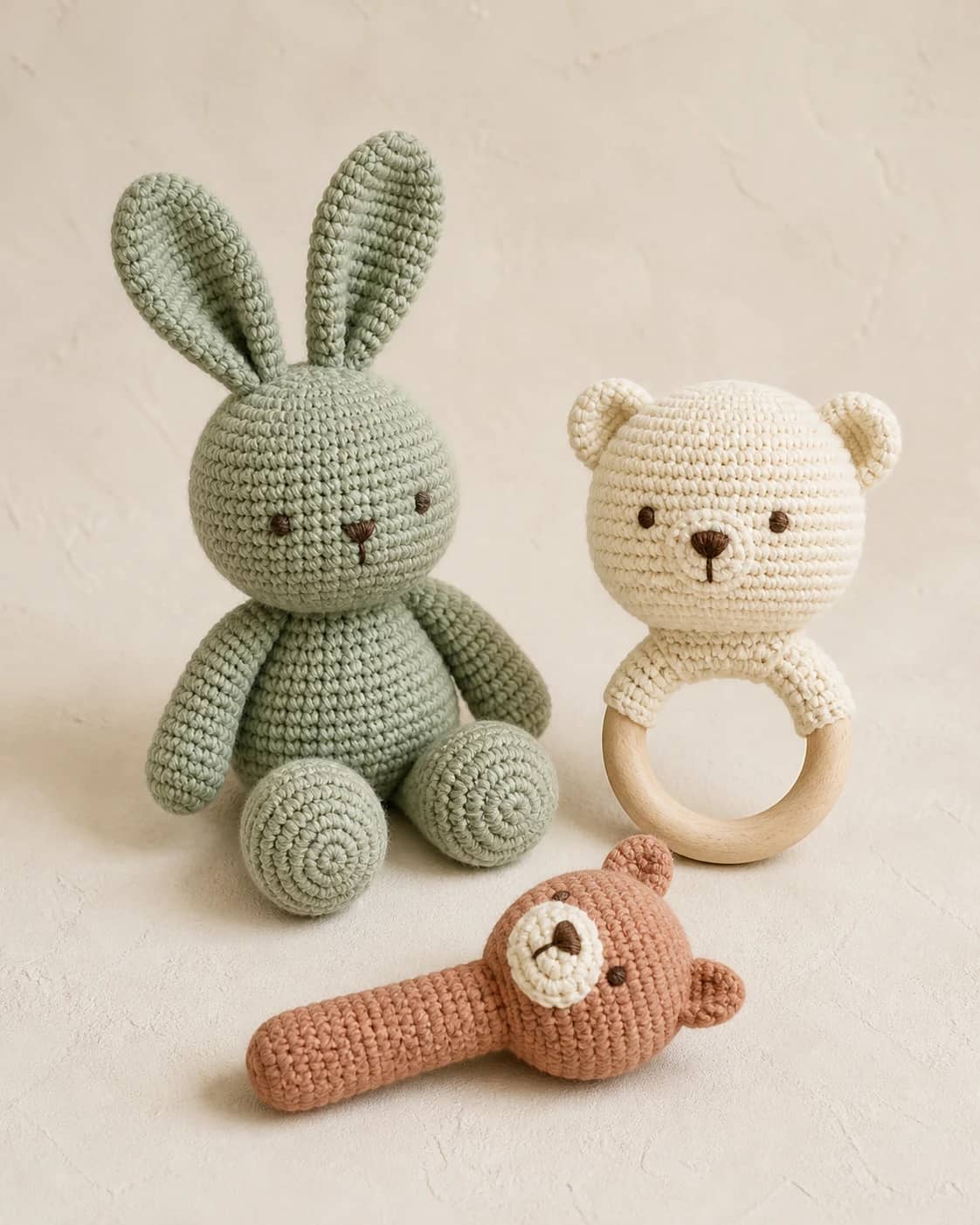 Coordinated crochet bunny toy, bear ring rattle and handheld crochet rattle