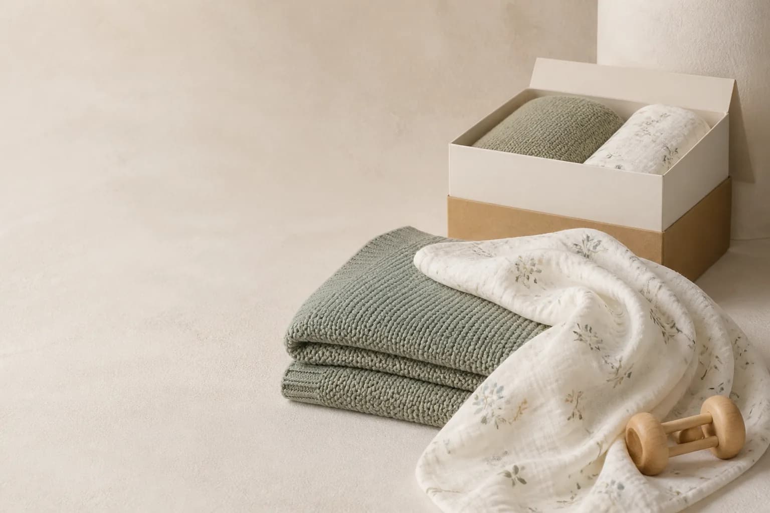 Muslin swaddle, knitted blanket and newborn gift box arranged as a coordinated baby collection